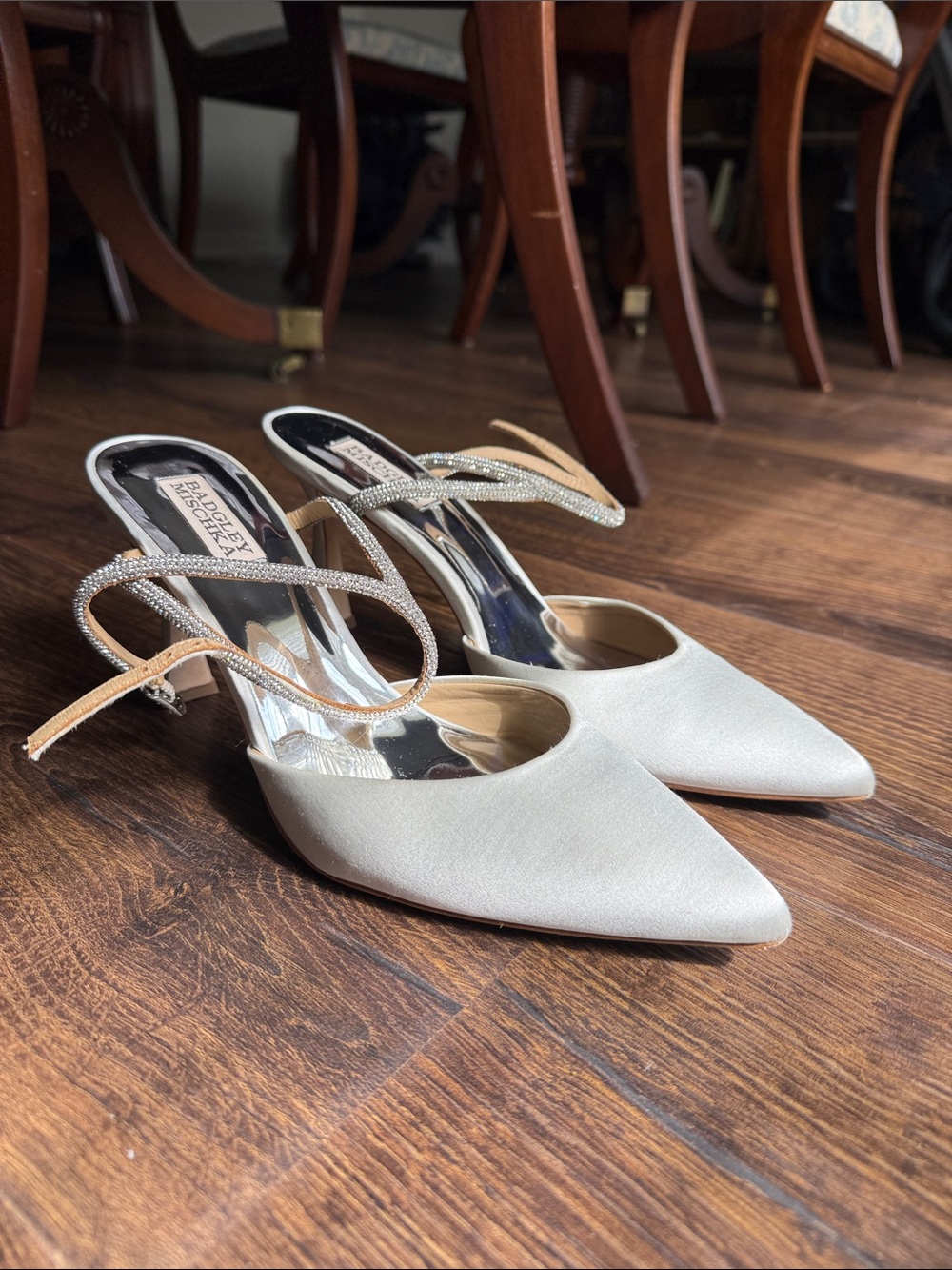 Badgley Mischka Women's Ivory Pointed-Toe Heeled Slingbacks with Crystal Straps